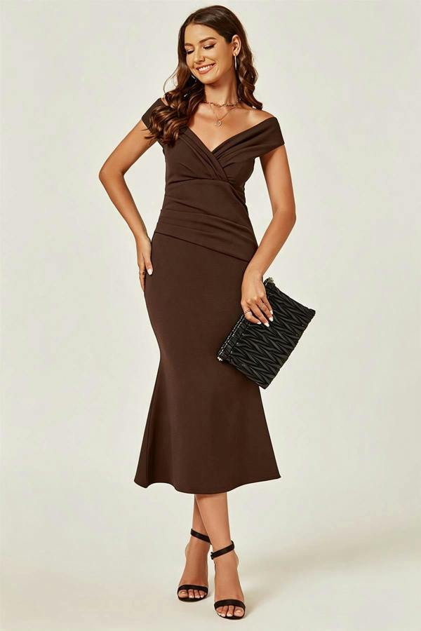 FS Collection Bardot Pleated Midi Dress In Espresso