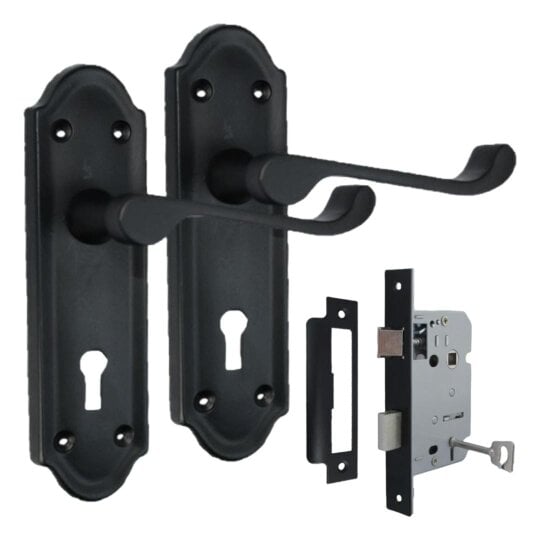 EDH Door Hardware Askworth Matt Black Internal Lock Door Handles+ 3 Lever Mortice Sash Lock-170mm
