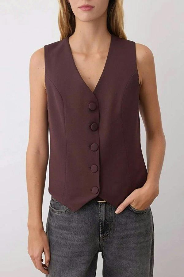 WOVCOR Crop Woven Vest with Buttons