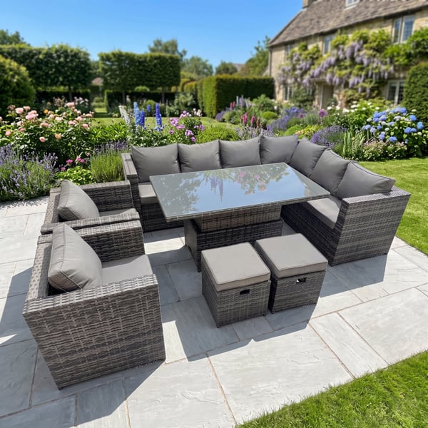 Fimous 10 Seater Rattan Height Adjustable Rising Lifting Table Corner Sofa Sets with 2 Chairs 2 Small Stools Dark Grey Mixed