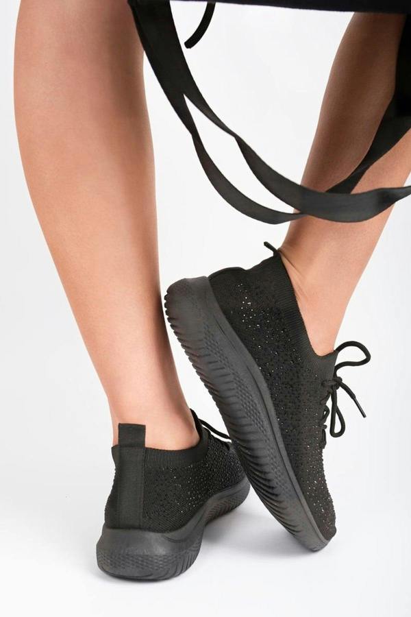 Kaela Crystal Embellished Knit Trainers - Black