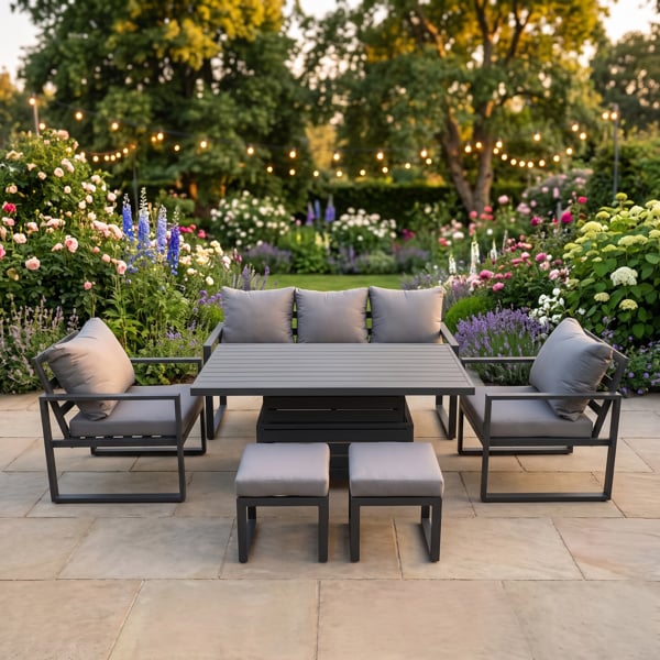 Fimous 7 Seater Aluminium Garden Furniture Set with Adjustable Rising Dining Table, 2 Chairs, 2 Footstools - Dark Grey