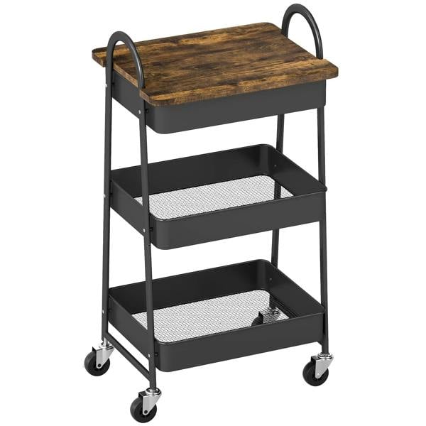 3-tier kitchen storage trolley with rustic brown wood top, black mesh shelves, on wheels