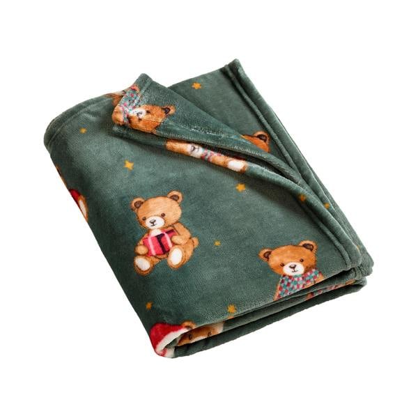 Catherine Lansfield Christmas Tartan Teddy Bear Fleece Cosy Blanket Throw Green