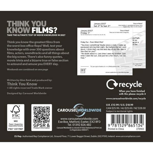 Think You Know Films? Desk Calendar 2027, Desk Calendars, Day To View, Entertainment, Gift