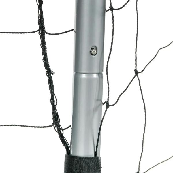 Net attachment on a light grey goal post with metal fastener and black mesh