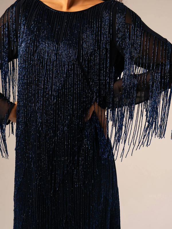 Rose & Nancy Janey Blue Black Beaded Fringe Mini Dress
