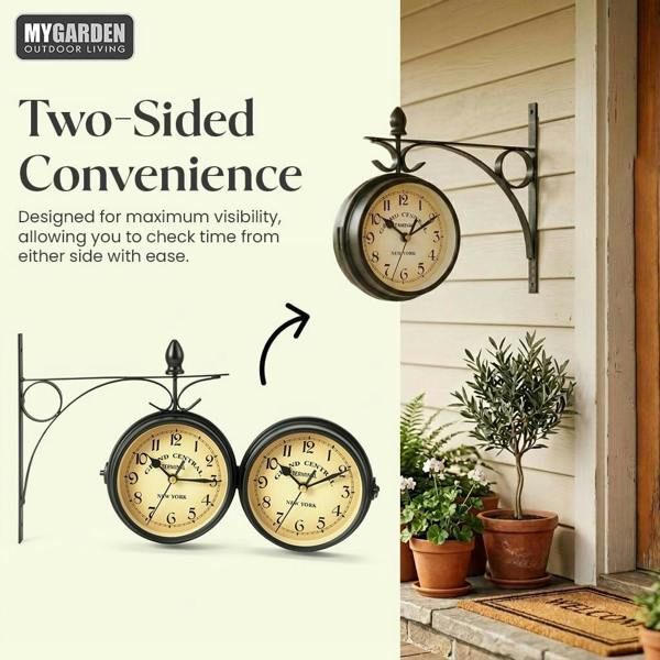 My Garden Outdoor Living My Garden Outdoor Station Clock - Weather Resistant Garden Wall Clock with Metal Bracket, Silent Vintage Hanging Design