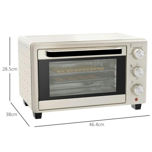 Cream 21L mini countertop oven front view with glass door and 3 control knobs