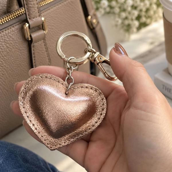 Love EMVY Genuine Leather Metallic Heart Keyring & Bag Charm - Rose Gold