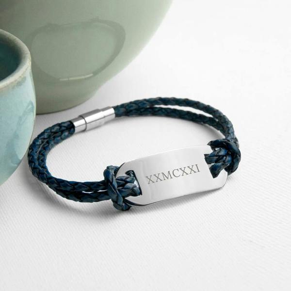 Personalised Men's Roman Numerals Leather Bracelet - alternative angle