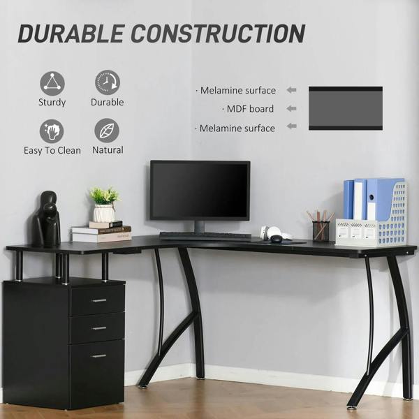 Black L-shaped desk with storage drawer and dual-monitor workspace