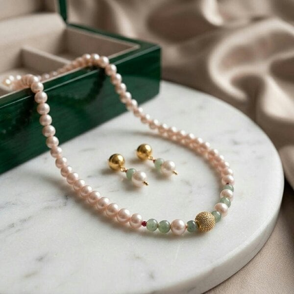 The Colourful Aura Pink Pearl Jade Beaded Necklace & Earring Set