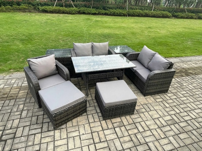 Fimous 7 Seater Dark Grey Mixed Rattan Outdoor Dining Set - Oblong/Rectangular Table, Chairs, 2 Footstools & 2 Side Tables