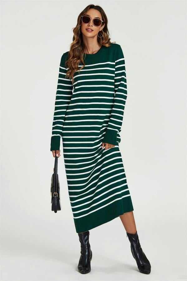 FS Collection Stripe Pattern Knitted Tunic Jumper Dress In Dark Green