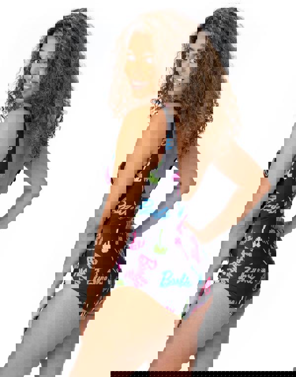 Barbie Womens Multicoloured All-Over Print Logo & Palm Tree Graphic 1 Piece Swimming Costume