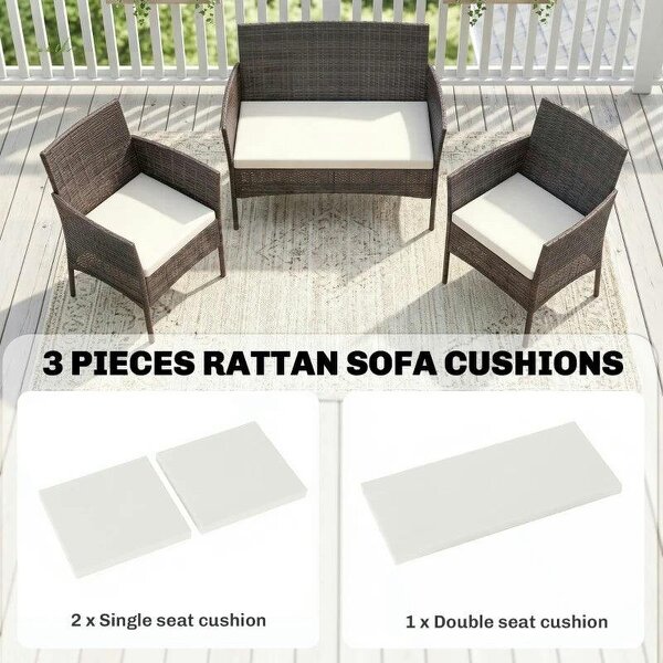 Outdoor Seat Cushion Pads for Rattan Furniture, 3 PCs Garden Furniture Cushions, Cream White