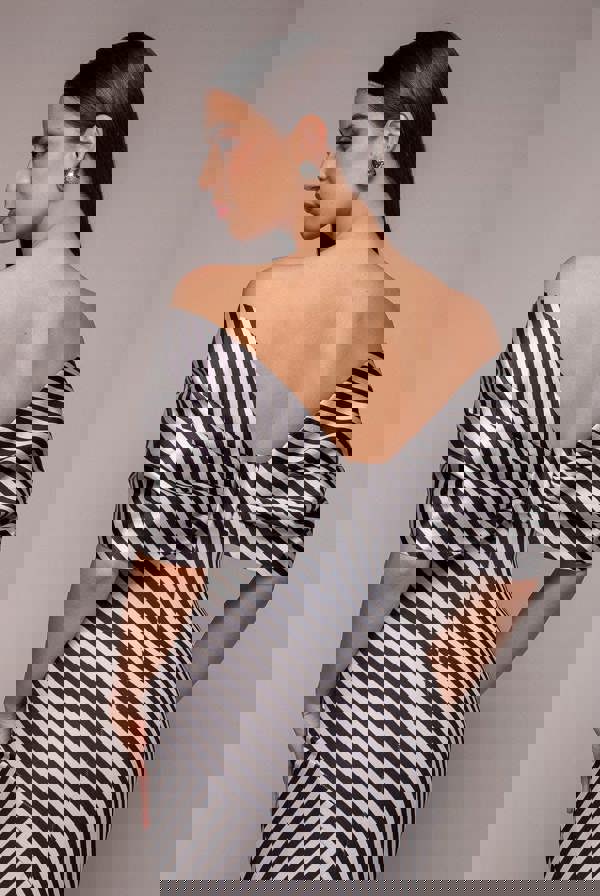 Stripe Off Shoulder Bow Back Satin Bow Maxi Dress - Black White DR5080