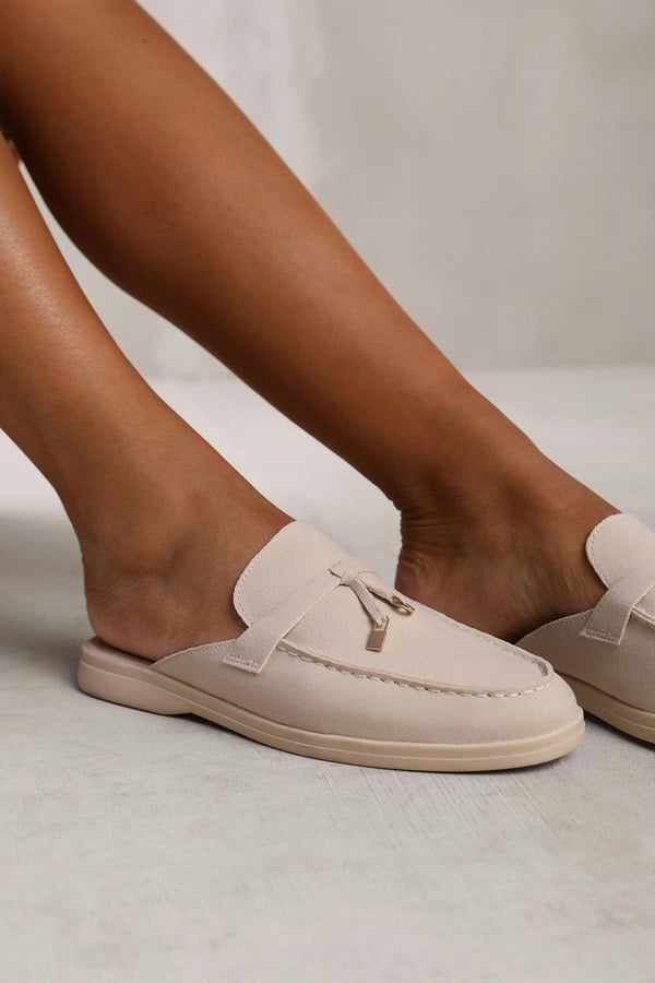 Where's That From Twilight Wide Fit Flat Slip on Loafer With Tassel Detail in Beige Suede