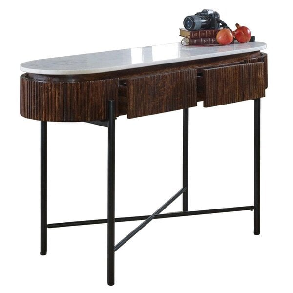 Wyld Haus Alabama Ribbed Mango Wood Console Table With Marble Top and Metal Legs
