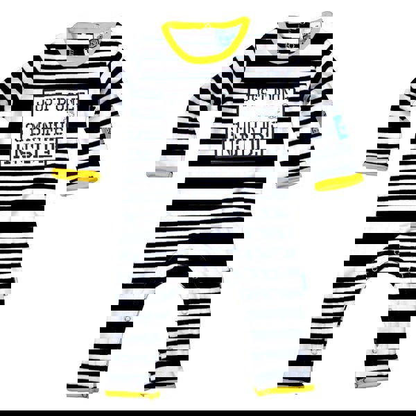 Just Done 9 Months Inside Baby Grow in Black and White Stripes with Yellow edging trim