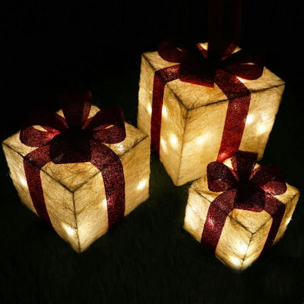 Set of 3 Cream Pre-Lit LED Glitter Rattan Christmas Parcel Decorations for Home Seasonal Displays image 3