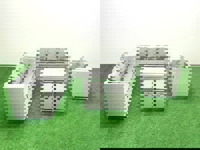 Fimous Wicker PE Rattan Sofa Garden Furniture Set with Oblong Coffee Table Armchair 2 Small Footstools Light Grey Mixed