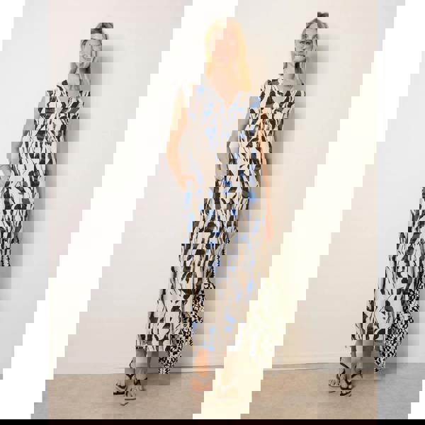 Blue Vanilla Metallic Abstract Printed Collarless V Neck Dress