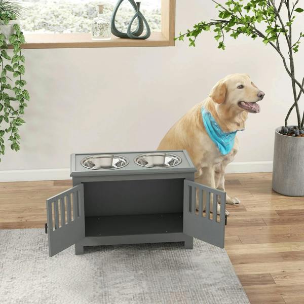 Grey raised dog feeding station with two stainless bowls and open front cabinet space