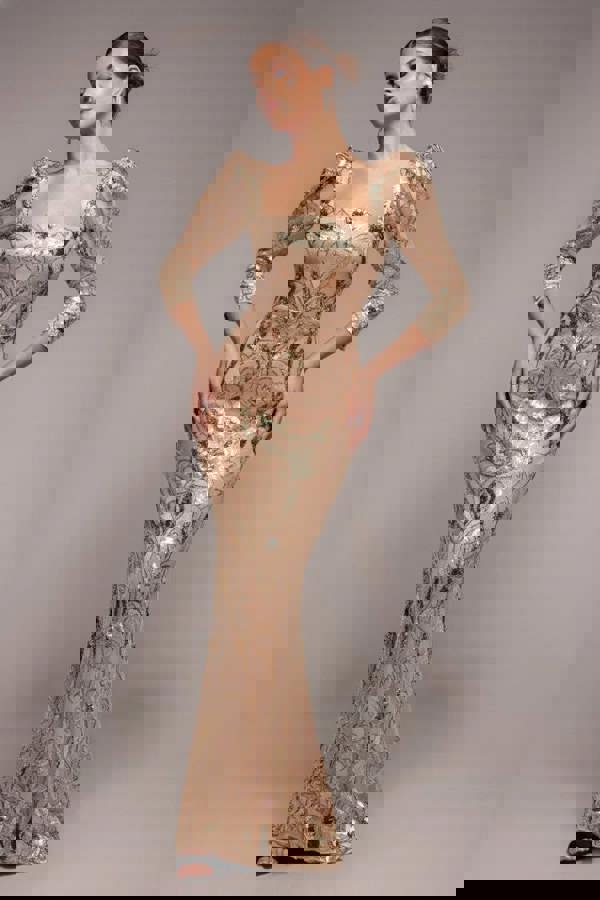 Square Neck Scalloped Lace Maxi - Champagne DR4016