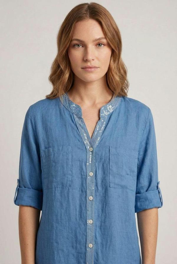 Blue | Sequin Trim 3/4 Sleeve Relaxed Shirt