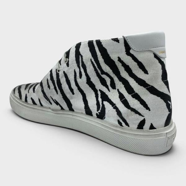 Saint Laurent Zebra Canvas Distressed Laced Sneakers Black White
