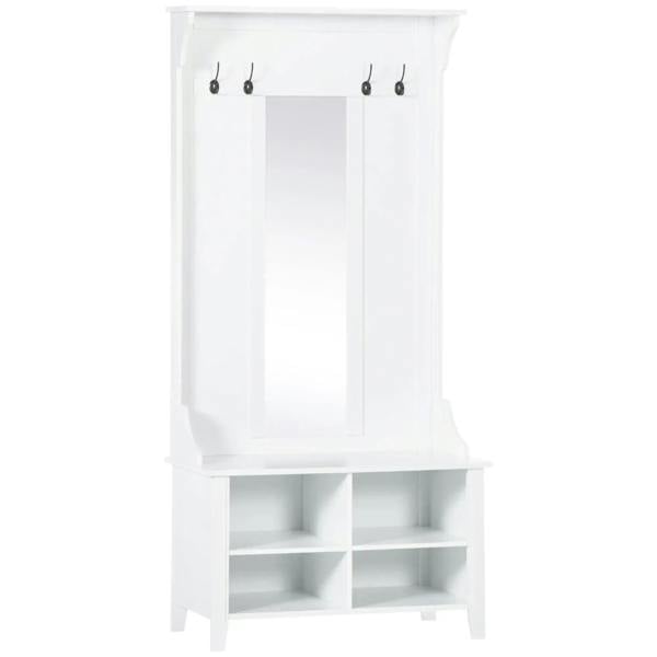 White coat rack cabinet with mirror and open shoe storage shelves, four hanging hooks