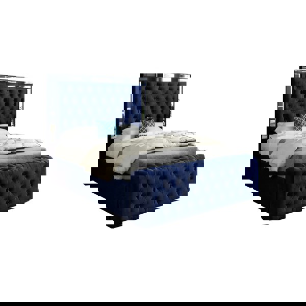 Casa Magna Marino Mirror Upholstered Soft Velvet Bed Frame - Blue