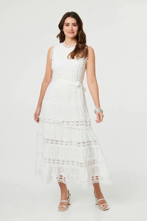 White | Lace Layer Sleeveless Tie Maxi Dress : Model is 5'9"/175 cm and wears UK10/EU38/US6/AUS10
