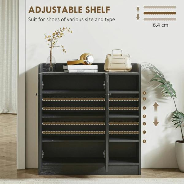Black shoe storage cabinet with adjustable shelves and open front for shoe storage