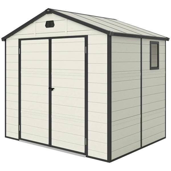 Cream white plastic wall garden shed with aluminium frame, double doors and dark trim
