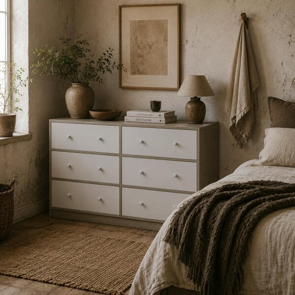 Wyld Haus Nafiso Fabric And Wood White And Grey 6 Drawer Storage Dresser