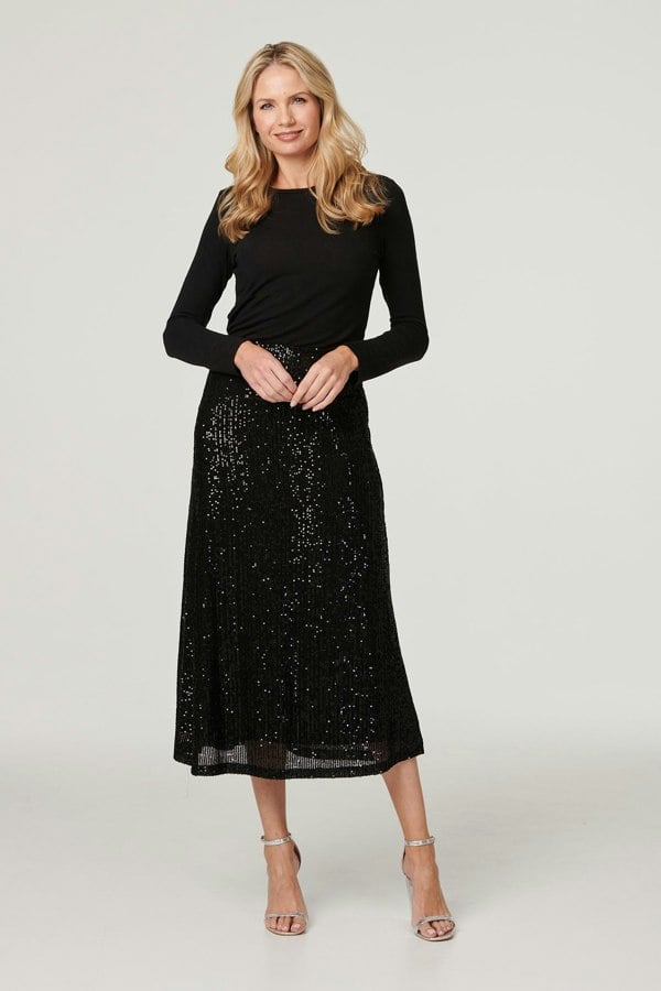Black | Sequin High Waist Semi Sheer Midi Skirt
