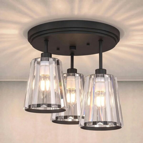 3-Light Crystal Glass Ceiling Light, Triple Head with Dual Mounting, Modern Ceiling Lamp for Living Room, Black