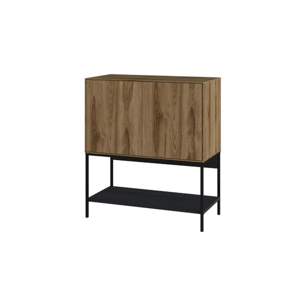 Decortie Amira 80cm Modern Console Table, Small Sideboard with Metal Legs & Push-to-Open Doors - Whiskey Oak and Black Wood