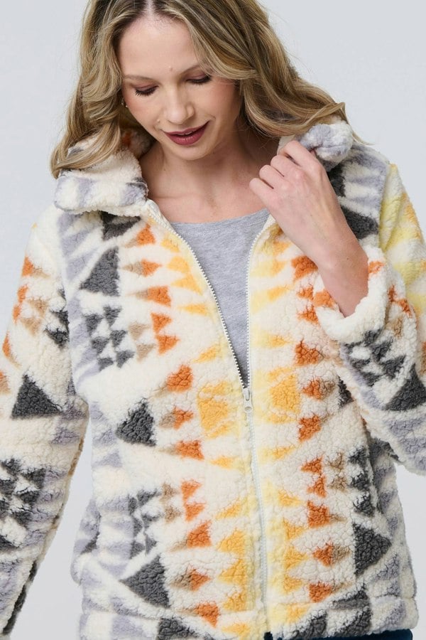 Cream | Aztec Print Relaxed Teddy Fur Jacket
