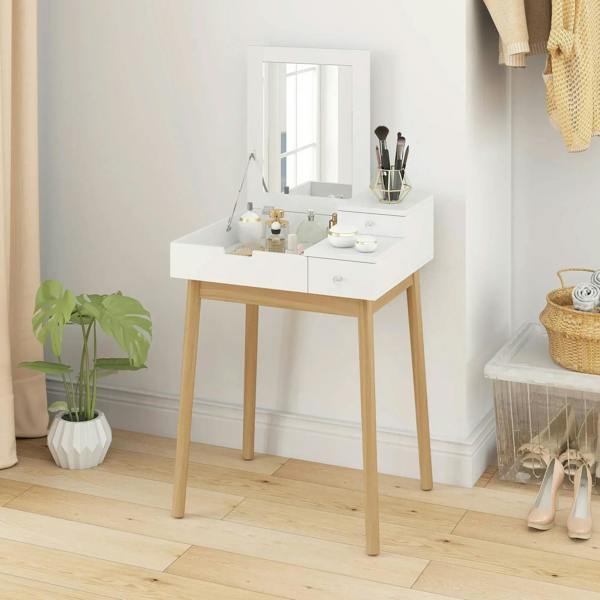 White vanity table with flip-up mirror and drawers on light pine legs