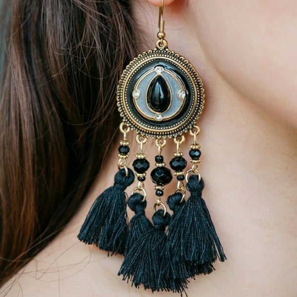 The Colourful Aura Long Round Enamel White Tassel Indian Boho Drop Ethnic Dangle Bridal Earring