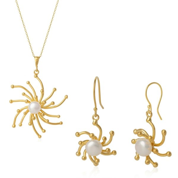 Spero London Pearl Sun Molten Dripping Sunburst Sterling Silver Pendant Necklace & Drop Earrings Set