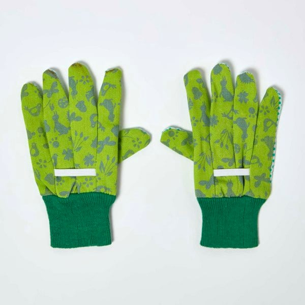 HOMESCAPES Children's Gardening Gloves with Green Floral Design