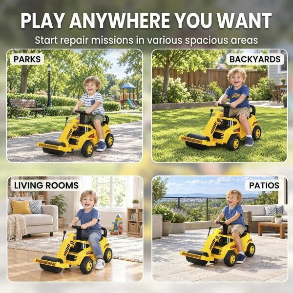Ride On Tractor, Kids Bulldozer Pull Cart with Horn, Storage, Front Roller, Ride-On Car for Ages 1-4 Years, Yellow