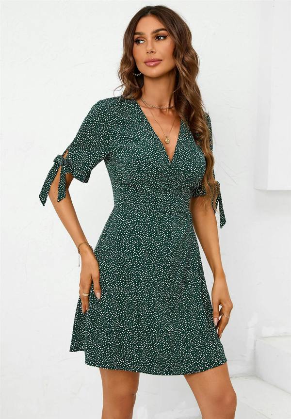 FS Collection Dot Print Wrap Top Mini Dress In Green