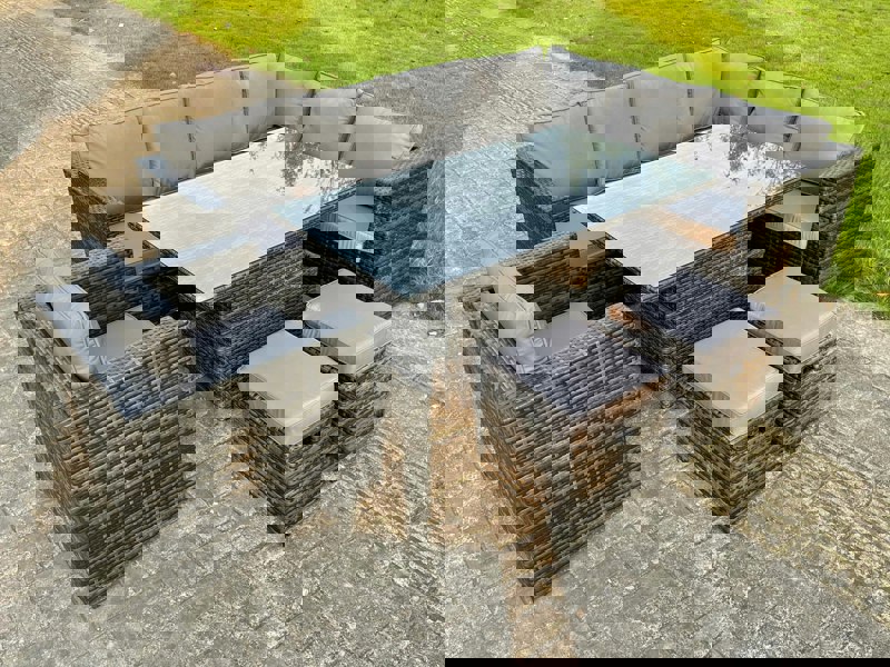 Fimous 9 Seats Dark Mixed Grey Rattan Garden Furniture Corner Sofa Set Adjustable Dining Or Coffee Table Chair Right Corner