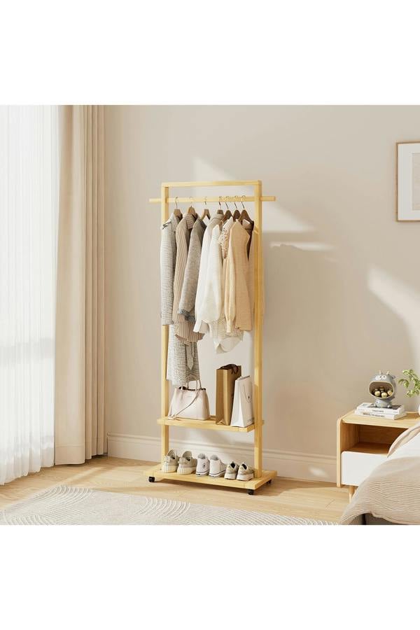 Living and Home Bamboo Rolling Clothes Garment Rack with 2-tier Shelves & Wheels - Natural